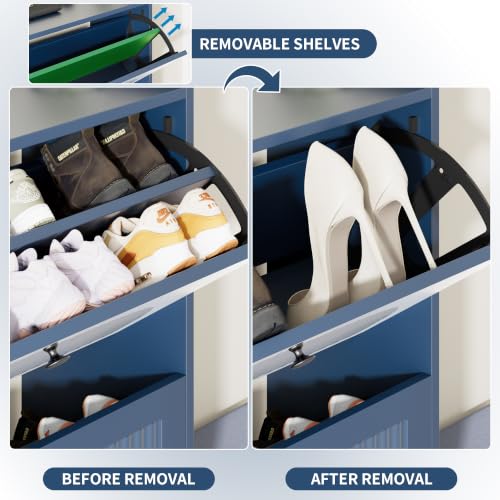 Image of Shoe Storage Cabinet with 4 Flip Drawers, Shoe Organizer Storage with Bench | Shoe Cabinet with Adjustable Shelves, Freestanding Hidden Slim Narrow Shoe Rack Cabinet for Entryway, Hallway