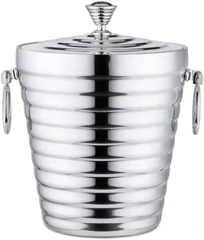 Ice Bucket Stainless Steel Ice Bucket,Stainless Steel Double Walled Ice Bucket with Lid Tongs Filter,Thick Wine Bucket Portable Wine Chiller for Bar Party-1L