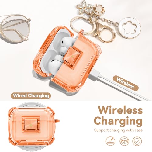 Image of for AirPods Pro 3 Case with Safety Lock,Clear Case Soft TPU Shock-Proof Protective Cover with Cute Bling Keychain and Cleaner kit for Women Girls-Clear Orange