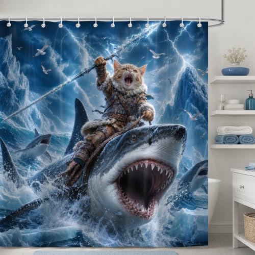 Image of iTapnoom Funny Cat Riding Shark Shower Curtain, Fun Cool Animal Ocean Nautical Coastal Blue Sky Boys Men Bathroom Decor, Waterproof Washable Fabric with Hooks 72x72 Inch