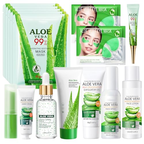 15-teiliges Aloe Vera Hautpflege-Set, Aloe Vera Gesichtspflege-Set, mit Reiniger, Serum, Toner, Handcreme, Maske, Lippenbalsam, Augenpflaster
