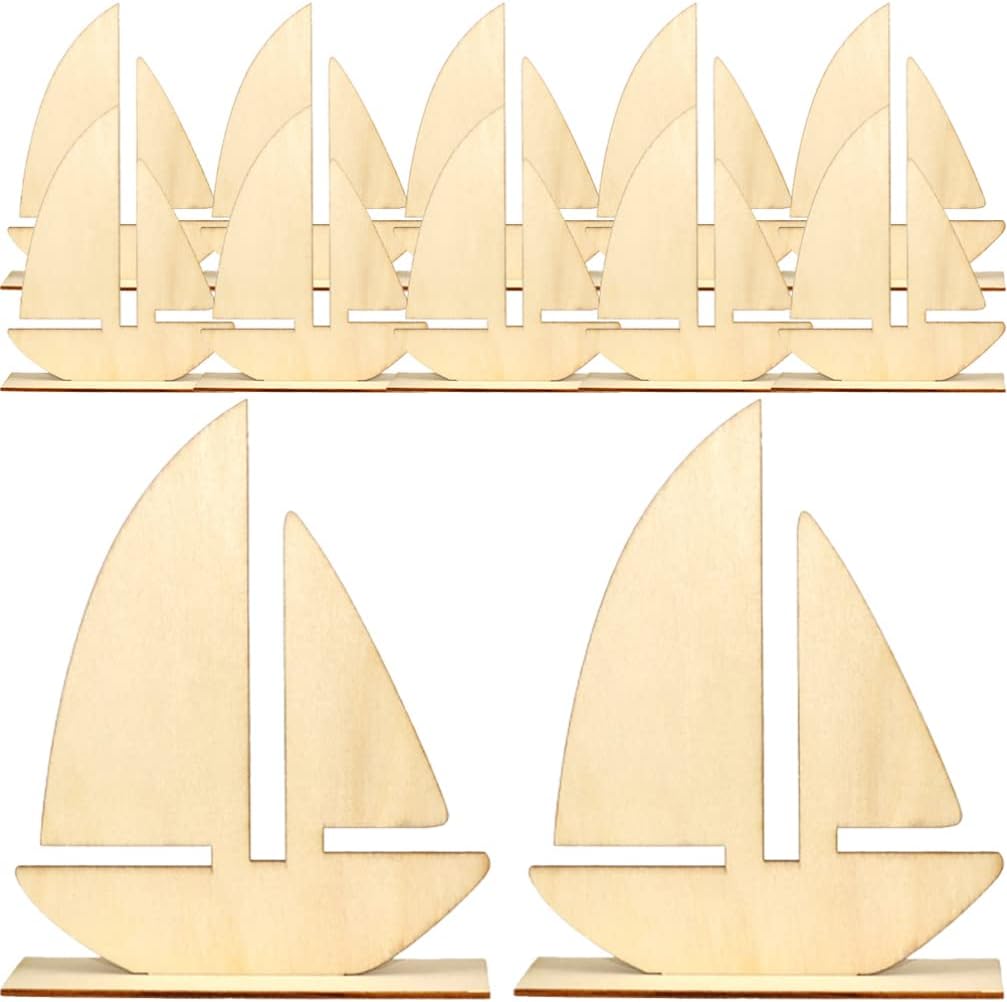 10pcs Sailboat Wood Slices Unfinished Wood Cutouts Rustic Blank Wood Sailing Slice Pieces Ornaments Hanging Embellishments for Beach Ocean Theme Party DIY Art Crafts Projects