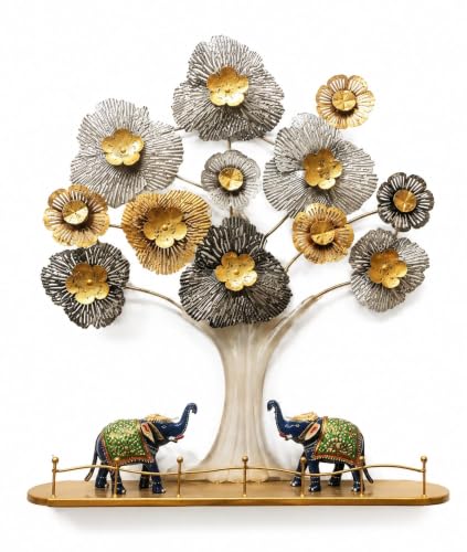 Image of Bharat Art IRON ELEPHANT TREE DECOR | Handcrafted Metal Tree of Life Showpiece with Elephant Figurines | Decorative Iron Table Sculpture for Living Room, Office Home Decor (27 x5x31 Inches) | W390