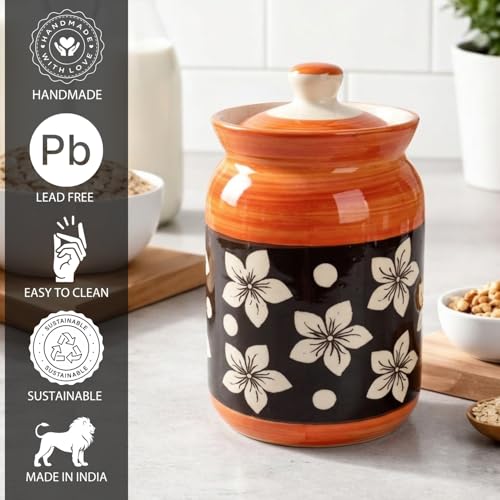 Image of Orange Ceramic Handglazed Pickle Jars Set of 2-1000 ML Each | 1 kg Achaar Martban Barni Jar with Lid | Ceramic Storage Jar Container Pickle, Chatney