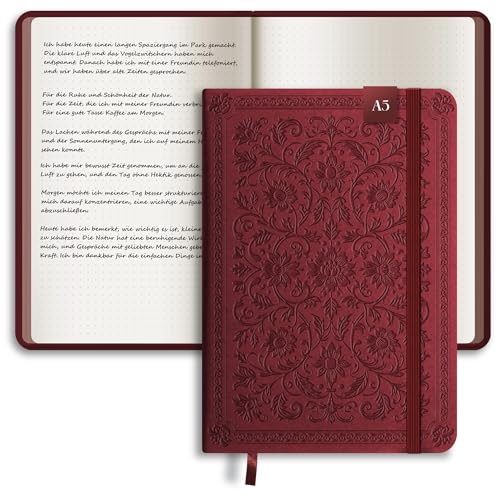 BIROYAL Notizbuch A5 Dotted, Hardcover Bullet Journal, 256 Seiten Dotted Notebook, 120gsm Papier, Notizbuch Gepunktet, Aesthetic Notebook Für Frauen Männer Notizen, Doodling (Rot)