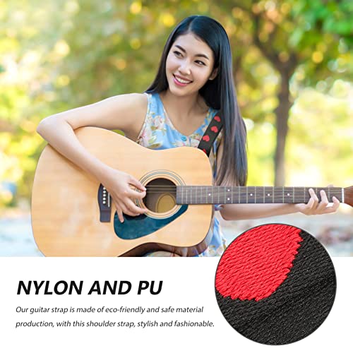 Vaguelly Guitar Strap, Adjustable Nylon Shoulder Strap With Pu Ends, Embroidery Guitar Shoulder Strap Red Heart Patterned #TOP3
