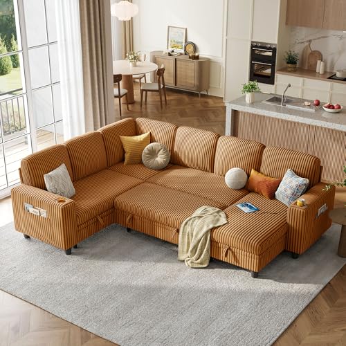 Image of LINSY HOME Sectional Sleeper Sofa with Pull Out Couch Bed - Convertible Plush Corduroy Cloud Couch with Storage Chaise & USB Charging, Comfy Modular Couches for Living Room, Brown