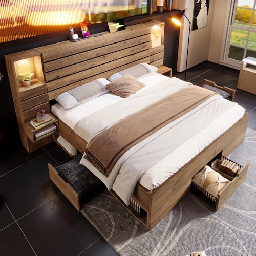 Lubvtti Cama de matrimonio de madera con focos LED, USB+Type-C,nicho iluminado,mesitas suspendidas,cajones,estructura de la cama de matrimonio con almacenamiento (C-roble, 180x200)