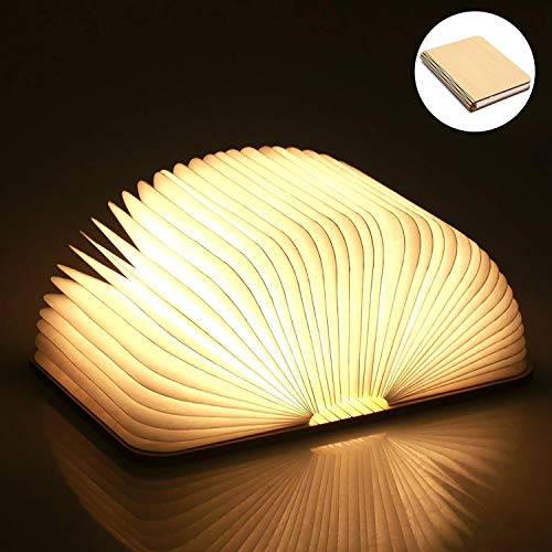 Yuanj Libro Lámpara LED, Luces Plegables de Madera 360°, USB Recargable, Portátil, Luz Lectura/Decorativa, Luz de Nocturna LED magnética, Lámpara de Mesita de Noche (L)
