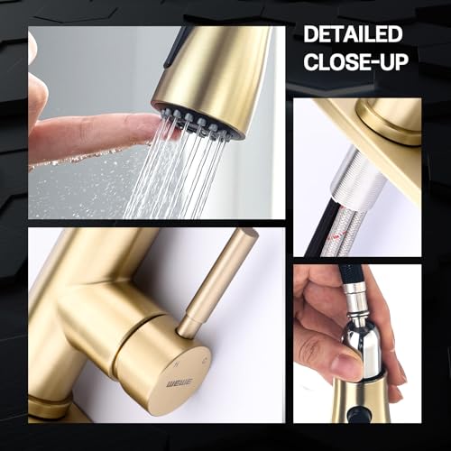 Image of WEWE Gold Kitchen Faucet with Pull Down Sprayer, Single Handle Brushed Gold Kitchen Sink Faucets Stainless Steel Brass Copper Commercial RV 1 or 3 Hole, Champagne Bronze