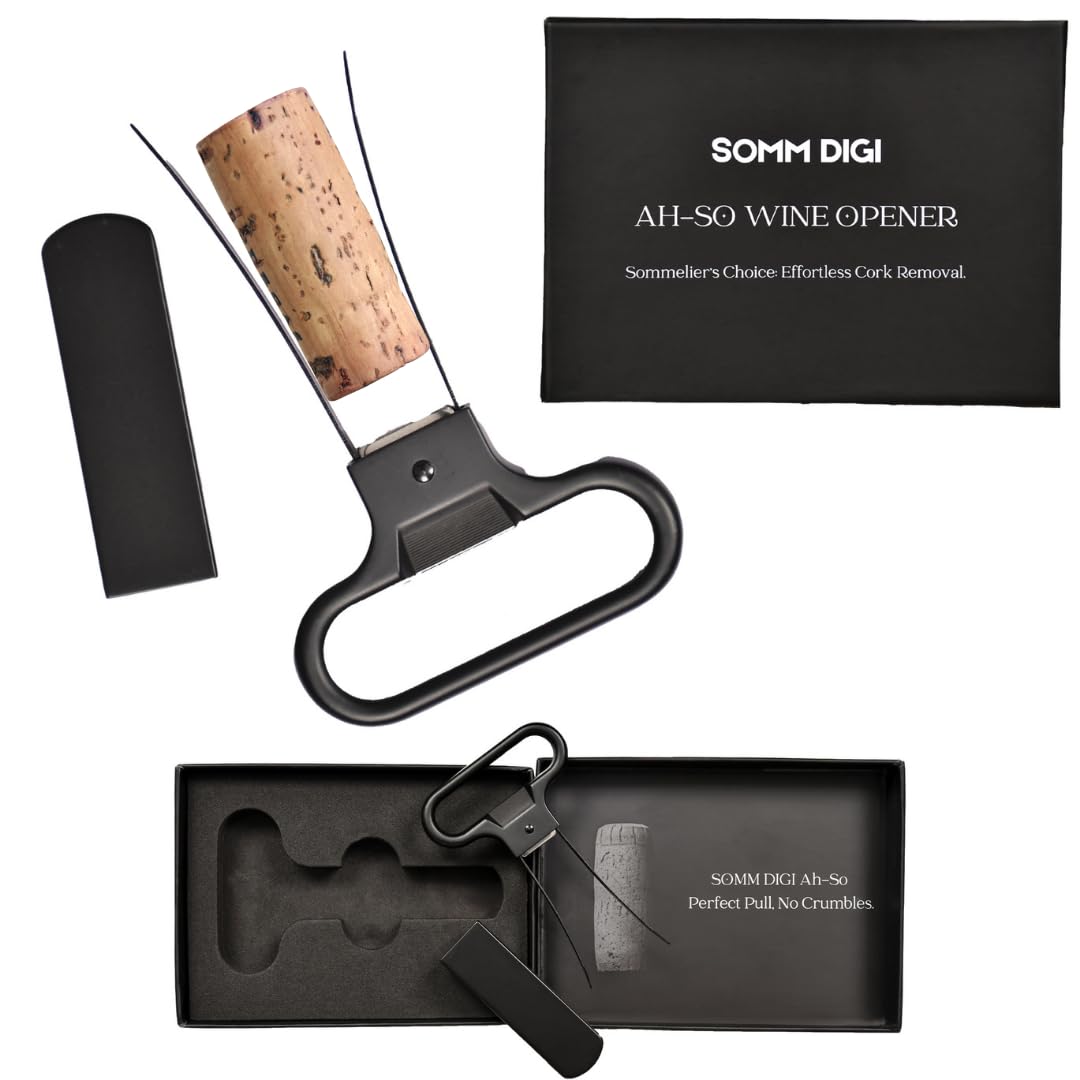 Sommelier Approved Ah-So Wine Opener with Corkscrew - Two-Prong Cork Puller Wine Bottle Opener - Crumb-Free Cork Removal