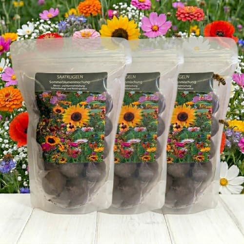Saatkugeln Sommerblumen 60 Stück | Blumensamen Mischung für Bienen & Schmetterlinge | Bienenfreundliche Blumensamen für Garten & Balkon | Blumenmurmeln Saatbomben | Samenbomben | Seedbombs | Seedballs