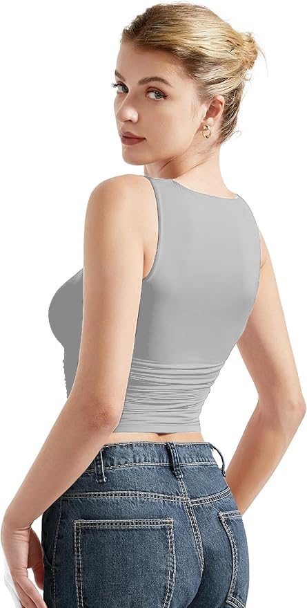 Image of SIGHTBOMB SOFTLINE Feather Touch Double Lined Boat Neck Ruched Waist Microfiber Cuddle Baby Sleeveless TEE for Women