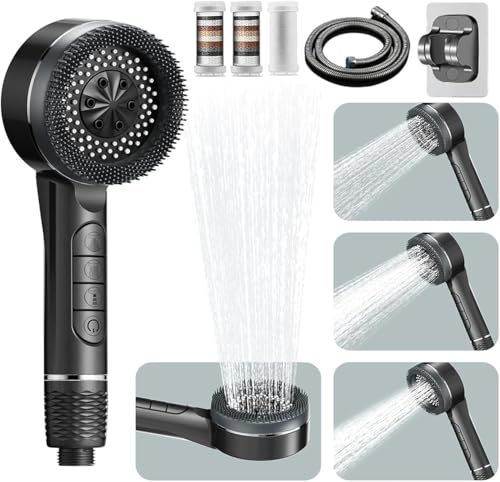 Pommeau de Douche Haute Pression, 4 Types de Jets Pommeau de Douche Anti Calcaire avec Tuyau Douche 1.5M et Support de Douche, Pommeau Douche Economie avec Bouton D'arrêt D'eau, Gris