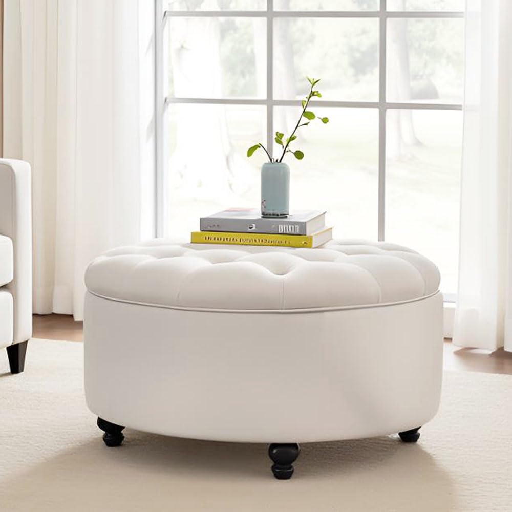 HUIMO 30-Inch Round Storage Ottoman, Modern Button Tufted Coffee Table with Removable Top, Upholstered Ottoman with Storage Footrest Stool for Living Room, Bedroom and Office(Ivory)