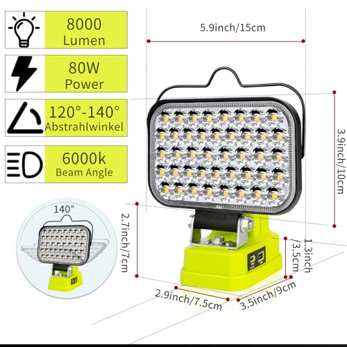 Image of Work Light for Ryobi 18V Battery,84W 8000LM Portable Cordless Floodlight with USB&Type C Charging Port for Emergency Lighting,LED Spotlight for Camping,Fishing,Workshop