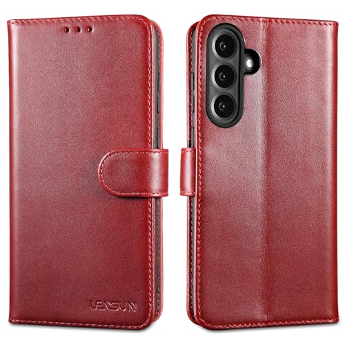 LENSUN Coque pour Samsung Galaxy A56, Housse en Cuir Véritable Portefeuille [Fonction Support][Fermoir Magnétique][Rangements Cartes] Étui - Vin Rouge