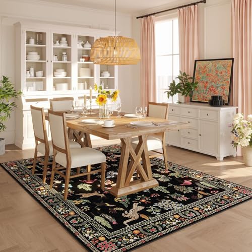 Living Room Rug 5x7 Rug Machine Washable Boho Area Rug Non Slip Floral Animal Vintage Low Pile Large Rugs for Living Room, Bedroom, Farmhouse, Dining Room, Kids Playroom (Black)