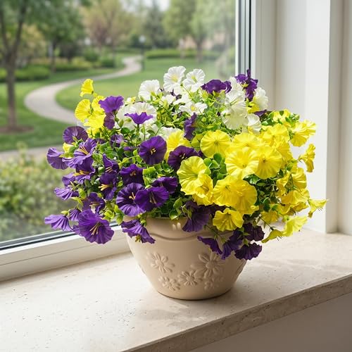 Image of Artificial Flowers for Outdoors, UV Resistant Fake Silk Morning Glory, Realistic Faux Plants for Outside Porch Patio Window Box Hanging Planter (12, Purple White Yellow)