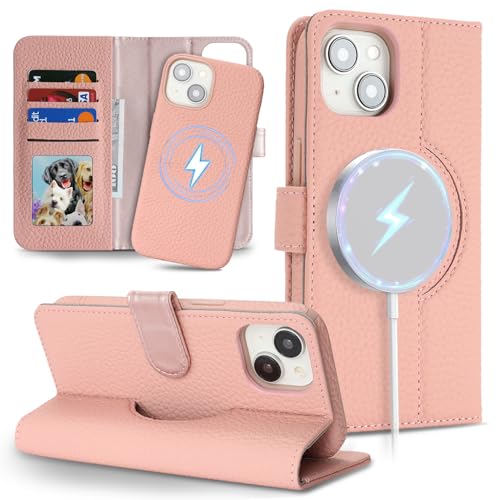 Image of Detachable Genuine Leather Case for iPhone 13 /14 Wallet Case Magnetic 2in1 Removable Flip Cover Book Purse Compatible with Magsafe Charging Kickstand Card Holder-Pink