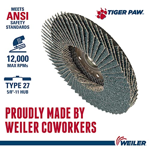 Image of Weiler 51165 Tiger Paw XHD Super High Density Abrasive Flap Disc, Type 27 Flat Style, Phenolic Backing, Zirconia Alumina, 4-1 /2 inch Diameter, 5 /8 inch-11 Arbor, 40 Grit, 12000 RPM (Pack of 10)