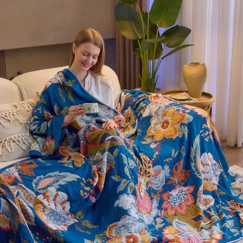 Image of XIBLC Boho Throw Blanket, Blue Lightweight Blankets for Summer, 100% Cotton Bohemian Decorative Throw Blanket, 60 inchx80 inch Reversible Muslin Breathable Woven Farmhouse Blankets Quilt,
