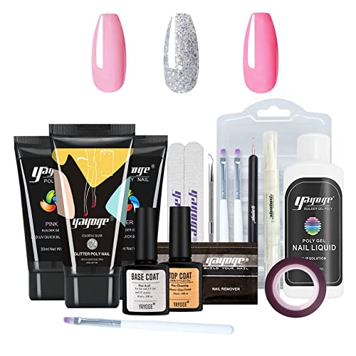 Yayoge Poly Gel Nail Kit 3 Colors Builder Gel for Nails with Nail Art Tools Nail Extension Gel with Slip Solution All in One Kit for Nail Manicure Beginner Starter Kit DIY at Home