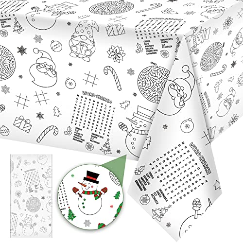 1 Pack Christmas Tablecloth Xmas Activity Paper Tablecloth Santa Claus Snowman Gnome Color-in Paper Disposable Tablecover for Kids Christmas Winter Holiday Birthday Party Decoration 54X108 Inch