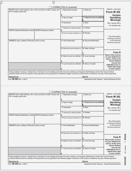 IRS Approved W-2G Copy B Tax Form, 100 Recipients