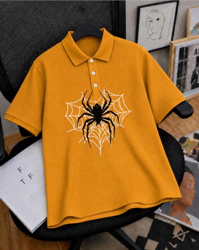 Image of AUSK Men's Spider Graphic Printed Polo T-Shirt | Cotton Blend Textured Half Sleeve Regular Fit Polo Neck Casual Wear Tshirt for Men