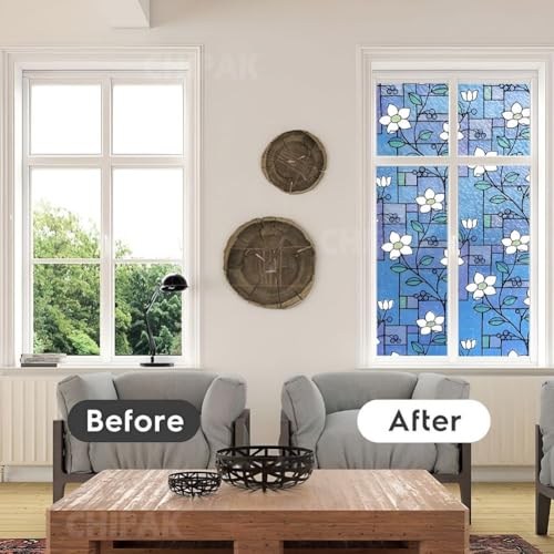 Image of CHIPAK Premium Vinyl Privacy Stained Window Glass Film (16x96 Inch) - Self-Adhesive Decorative Sticker Opaque Sheet Tint Wallpaper for Glass Cover Window, Door, Office, Home.| Anti-UV. Mystic Blue