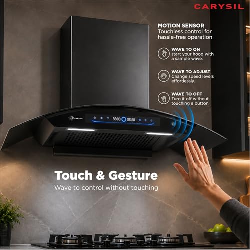 Image of Carysil Curvantis SilentX 90 cm BLDC Motor Kitchen Chimney, Curved Shape, 1800 m /hr Suction, Auto-Clean Filterless, 9+ Turbo & Gesture Control, LED Lamp, 12-Year Warranty - Black