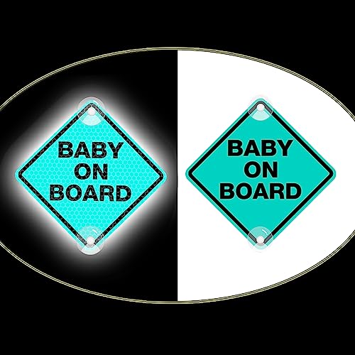 Luminous Baby On Board Sticker for Cars,Nouiroy Reflective Baby in Car Decals with Suction Cups,4.72 * 4.72in,Double-Side Printing PVC Car Sign Stickers for Car, Trucks, SUV (Double-side Mint Green)