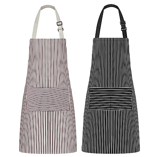 Syntus Aprons for Women with Pockets, 2 Pack Kitchen Apron for Cooking Adjustable Bib Chef Aprons for Men Women, Black/Brown Stripes