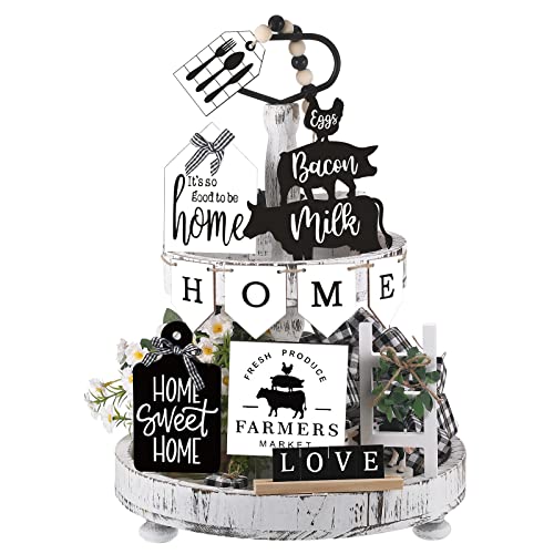 FairySandy Set of 11 Farmhouse Tiered Tray Decor Rustic Home Tiered Tray Decorations Set Home Wooden Signs Vintage Farm Animal Farmhouse Tabletop Wood Signs for Kitchen Table Shelf Decor