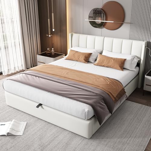Cama otomana tamaño Super King de 6 pies con almacenamiento hidráulico LED, puertos USB, cabecero ajustable e iluminación, tapizado de poliuretano, 180 x 200 cm, diseño blanco moderno