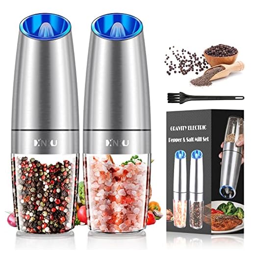 Gravity Electric Salt and Pepper Grinder Set, Automatic Pepper and Salt Mill Grinder,Battery-Operated with Adjustable Coarseness, Premium Stainless Steel with LED Light, One Hand Operated