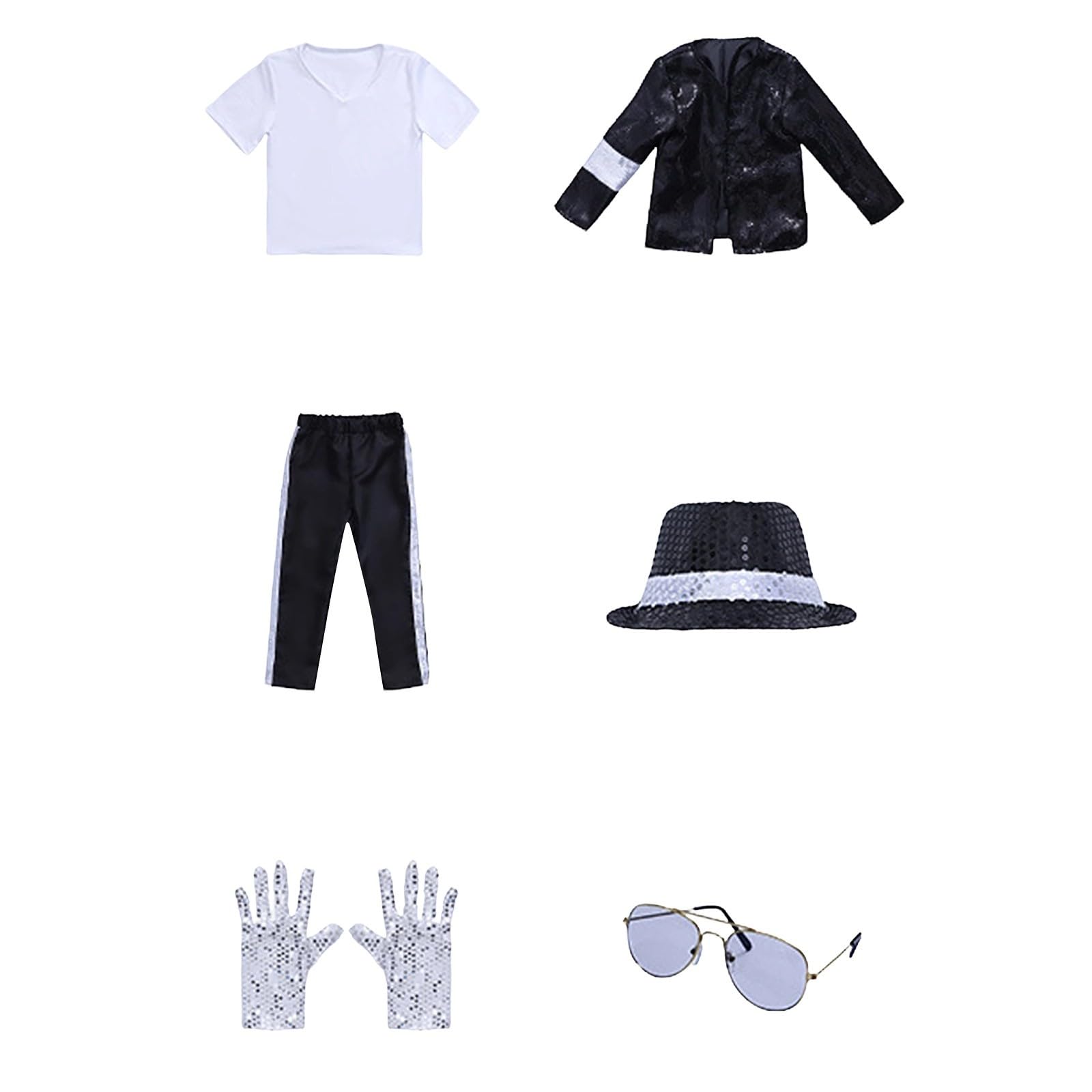 Generico Costume Pop Star Anni '80 '90 per Bambini Ragazzi 3-12 Anni, Set 5 Pezzi con Giacca Nera con Paillettes, Pantaloni, Cappello, Guanto – Spettacoli Halloween