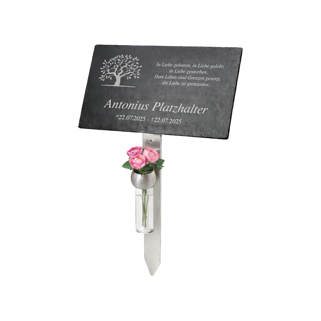 Grabstein Urnengrab - Grabplatte aus Premium Schiefer mit witterungsbeständiger Lasergravur | 30x20cm Menschen oder Haustiere | kostenlose Gravur mit exlusiven Edelstahlhalter