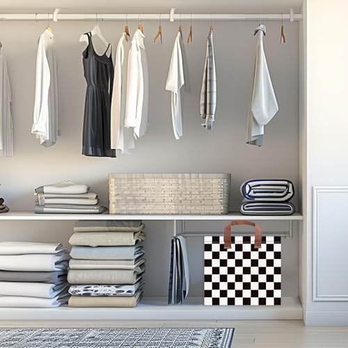 Image of Checkered Storage Basket Waterproof Canvas Toy Storage Bin Race Car Room Decor Collapsible Outdoor Basket with Leather Handles Checkered Decor Car Blanket Baskets For Closets,Bedrooms,Gifts Baskets