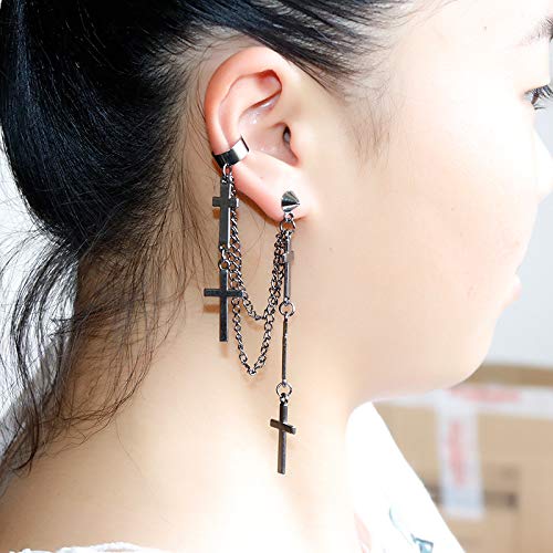 Andpai Personalized Multi Layered Long Stainless Steel Cross Chain Dangle Earring Threader Tassel Ear Cuff Black Punk Drop Earring For Women Men Girls Statement Jewelry Gifts (Black) #TOP5