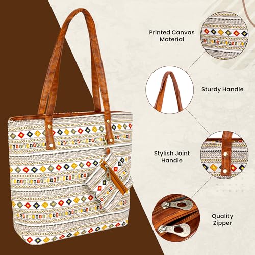 Image of Storite Women's Tote Bag with Leather Handles & Embroidery Printed Handbag with Zip Pockets, Shoulder Tote Bag and Handbag for Office and College