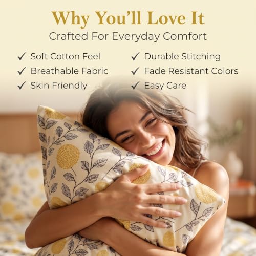 Image of BSB HOME 240 TC Cotton Double Bedsheet with 2 Pillow Covers, Soft & Breathable Floral Print Bed Sheet, Fade Resistant, Easy Care Bedding Set, 90 x 100 Inches (228 x 254 cm)- Ochre & Charcoal Botanical