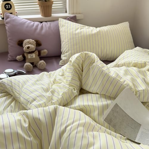 Image of VM VOUGEMARKET Pastel Yellow & Lavender Stripes Duvet Cover Set Twin XL, Soft Microfiber Comforter Cover, Cute Kawaii Striped Bedding Set for Girls Teen Students Bedroom Decor-68 X90