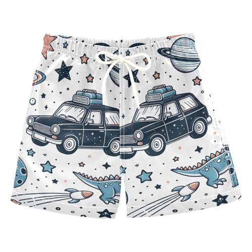 FLildon Cute Planets Dino Little Boys Swim Trunks with Mesh Lining Quick Dry Beach Board Shorts, 3T