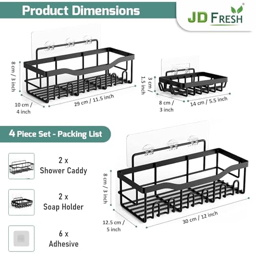Image of JD FRESH 4-in-1 Self Adhesive Bathroom Shelf Combo /Drill-Free Wall Mounted Organizer /Rust-Proof Metal Storage Rack with Soap& Toothbrush Holder /Multipurpose Bathroom Accessories Alloy Steel (Black)