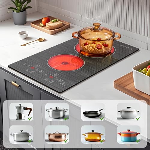 Image of Karinear 2 Burner Electric Cooktop 110V, 12 Inch Countertop & Built-in Electric Stove Top, Plug-in Ceramic Cooktop with Child Safety Lock, Timer, Pause, Smooth Glass Surface with Beautiful Pattern(A)
