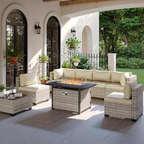 Image of Outdoor PE Wicker Rattan Modular Patio Sectional Sofa Set | 8-Piece: 6 Modular Seats, Coffee Table & 55,000 BTU Fire Pit Table, Ivory
