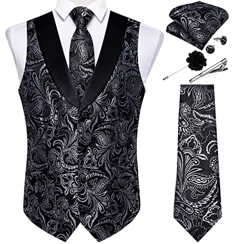 Image of DiBanGu Mens Paisley Suit Vest Silk Jacquard Waistcoat and Necktie Set Formal Shawl Collar Dress Vest 7PCS for Wedding Party