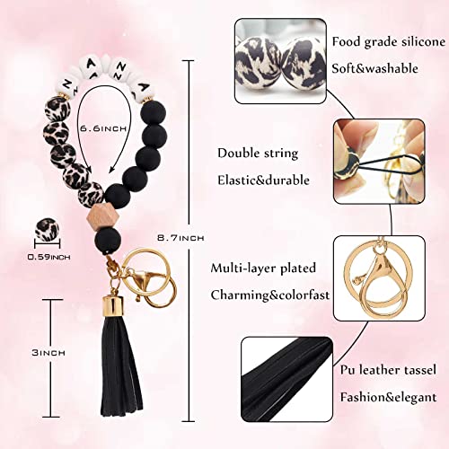 Image of BAOSIWA Silicone Key Ring Bracelet Wristlet Keychain Unique Beaded Bangle Key Chains for Women with Leather Tassel